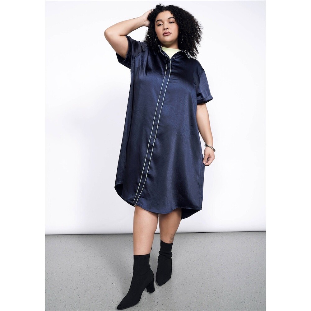 Wildfang The Empower Shirt Dress Navy Blue Midi Button Front
